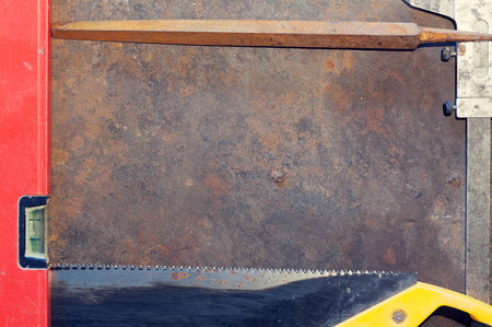 Workbench metal table with old tools. Top view with copy spaceの写真素材