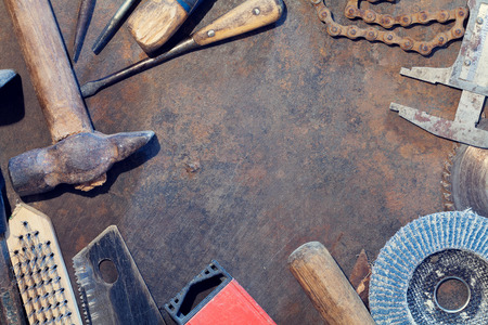 Workbench metal table with old tools. Top view with copy spaceの写真素材