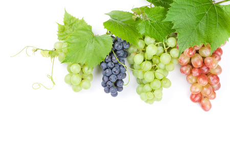 Bunch of red, purple and white grapes with leaves. Isolated on white background with copy spaceの写真素材