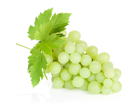 Bunch of grapes with leaves. Isolated on white background