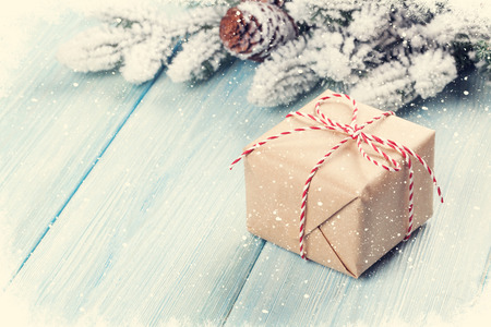 Christmas tree branch with snow and gift box. Tonedの写真素材