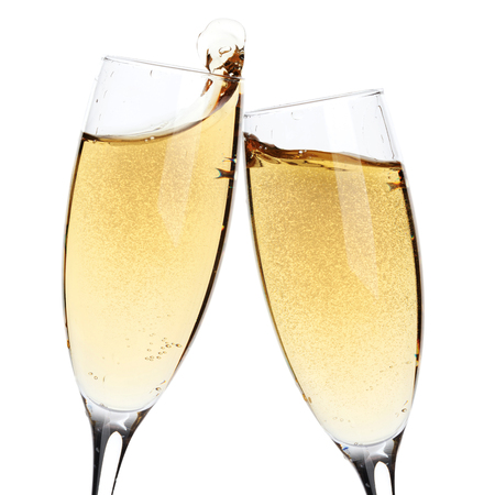 Cheers! Two champagne glasses. Isolated on white backgroundの写真素材