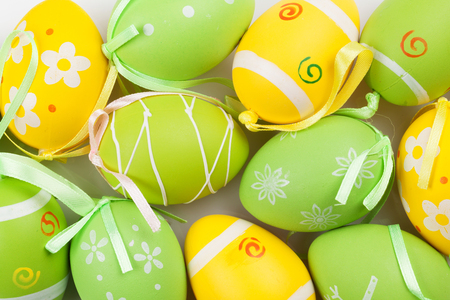 Colorful easter eggs closeup greeting cardの写真素材