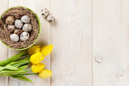 Easter background with eggs in nest and yellow tulips over white wooden table. Top view