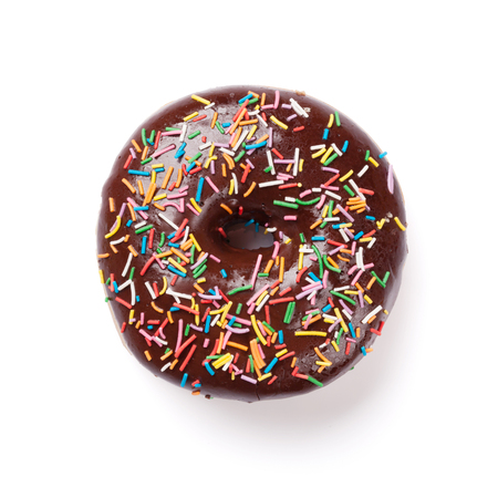Chocolate donut with colorful decor. Isolated on white backgroundの写真素材