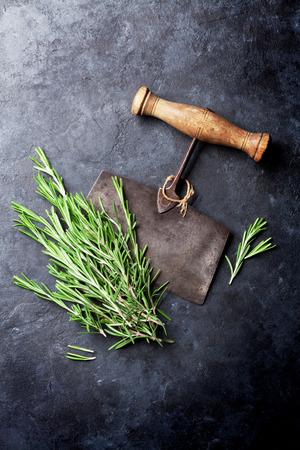 Rosemary bunch. Herbs and spices cooking on stone table. Top viewの写真素材
