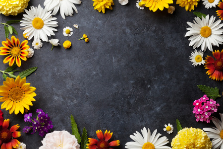 Garden flowers over stone table background. Backdrop with copy spaceの写真素材