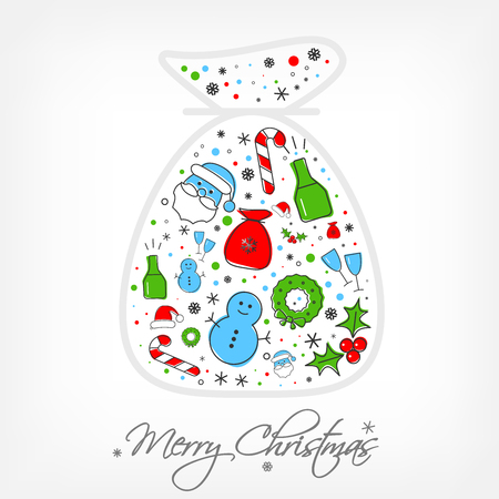 Christmas icon set inside of santa bag. Xmas and winter holidays elements. Flat design greeting cardのイラスト素材