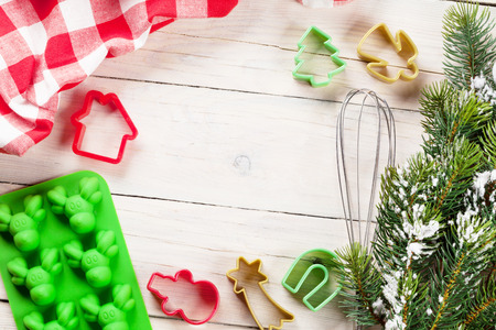Cooking utensils on wooden table. Christmas cooking. Top view with copy spaceの写真素材