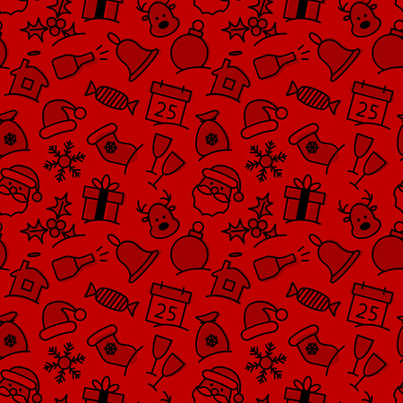 Christmas red icon set seamless pattern. Xmas and winter holidays elements background. Flat design vector texture.のイラスト素材