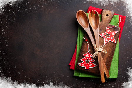 Christmas cooking table and utensils. Top view with copy space for your textの写真素材