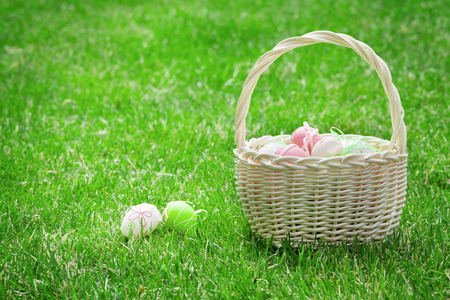 Easter eggs basket on meadow grass. With copy space
