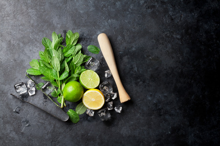Mojito cocktail making. Mint, lime, ice ingredients and bar utensils. Top view with copy spaceの写真素材