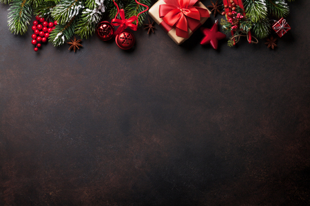 Christmas background with fir tree and decor. Top view with copy spaceの写真素材