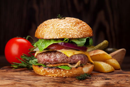 Tasty grilled home made burger with beef, tomato, cheese, cucumber and lettuceの写真素材