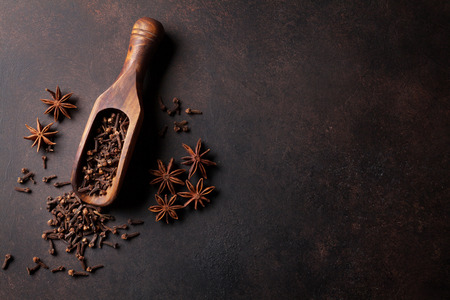 Mulled wine ingredients spices. Star anise and cardamom on stone table. Top view with copy spaceの写真素材