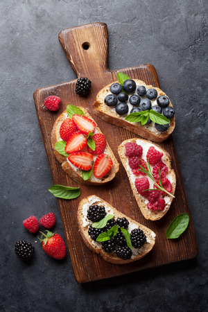 Brushetta or traditional spanish tapas with various berries. Appetizers italian antipasti snacks set. Top view and flat layの写真素材