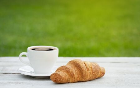 Coffee and croissant on sunny garden table. French breakfast. With copy space for your text