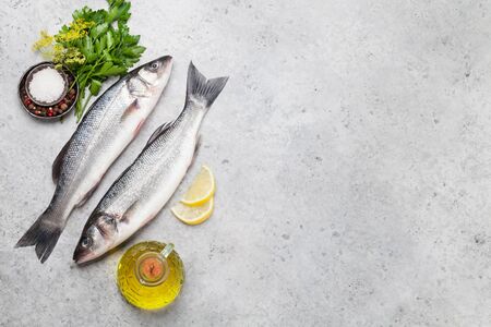 Fresh seafood. Trout fish with herbs and spices on a stone background. Top view flat lay with copy...