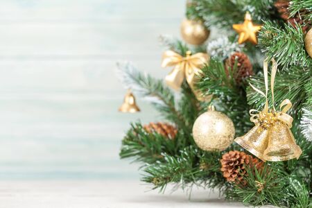 Christmas greeting card with decorated fir tree and copy space for your xmas greetingsの写真素材
