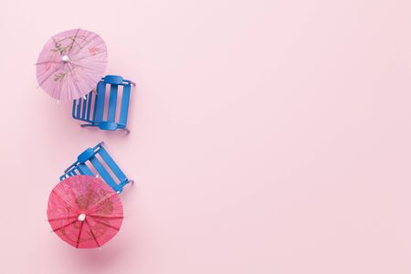 Travel concept with beach chairs. Top view flat lay with copy spaceの写真素材