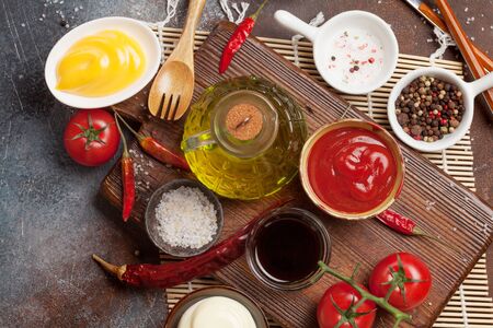 Set of various sauces. Popular sauces in bowls - ketchup, mustard, mayonnaise. Top view. Flat lay