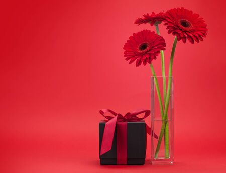 Greeting card with gerbera flowers and gift box over redの写真素材