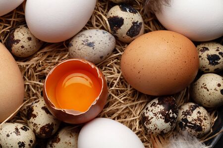 White, brown and quail eggs. Top view closeup. Flat lay
