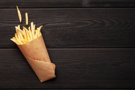 French crispy potato fries. Top view with copy space