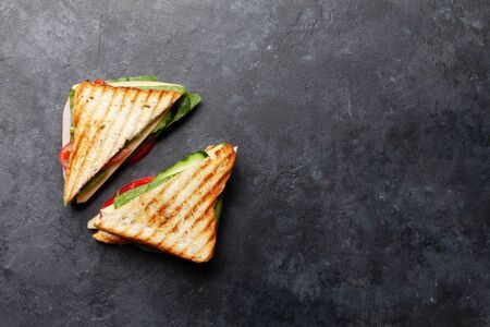 Club sandwich. Fast food take away. Top view with copy spaceの写真素材