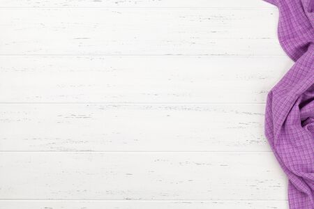 Kitchen table with tablecloth and space for your recipe or menu. Top view flat layの写真素材