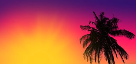 Sunset on tropical beach with palm. Summer vacation and travel concept with copy spaceの写真素材