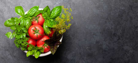Italian cuisine ingredients. Garden tomatoes, herbs and spices. Top view with copy space. Flat layの写真素材
