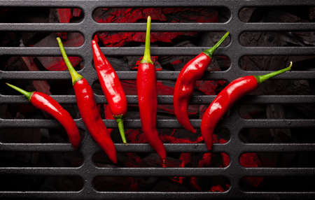Hot chili peppers on grill. Top view flat layの写真素材