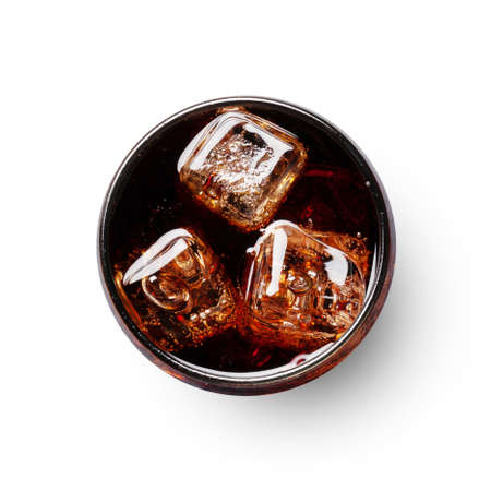 Glass of cola with ice cubes isolated on white background. Take away soda drink. Top view flat layの写真素材