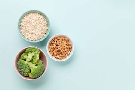 Healthy food and weigh loss concept. Diet and fitness. Top view flat lay with copy spaceの写真素材
