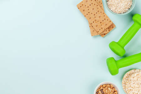 Healthy food and weigh loss concept. Diet and fitness. Top view flat lay with copy space
