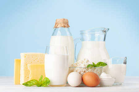 Various dairy products. Milk, cheese, cottage, sour cream. In front of blue backgroundの写真素材