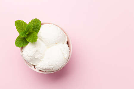 Vanilla ice cream scoopes. Top view flat lay with copy space