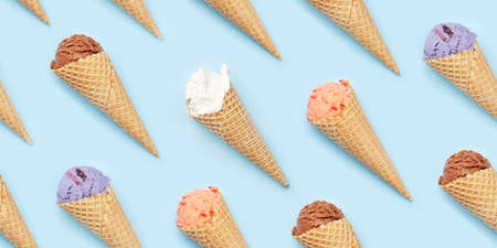 Seamless background with various ice cream over blue backdrop. Flat lay