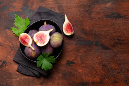 Ripe sweet figs. Top view with copy spaceの写真素材