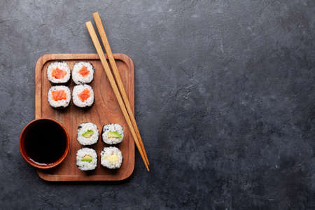 Japanese sushi set. Top view flat lay with copy spaceの写真素材