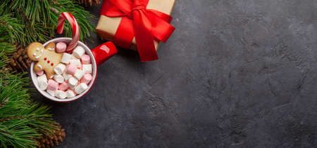 Christmas greeting card with fir tree, gift box and cacao cup with marshmallow, candy cane and gingerbread man. On stone background with copy space for your xmas greetings. Top view flat layの写真素材