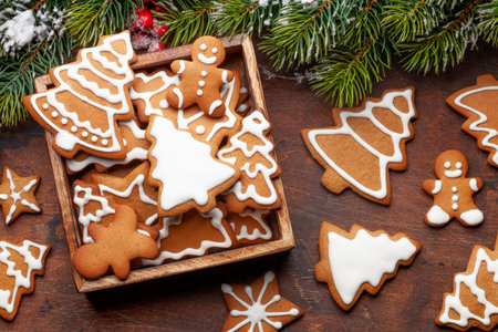 Christmas card with gingerbread cookies and fir tree. Top view flat layの写真素材