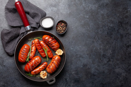 Hot grilled sausages in a frying pan with garlic and rosemary. Top view flat lay with copy spaceの写真素材