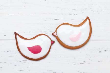 Valentines day greeting card with gingerbread cookies. Top view flat layの写真素材