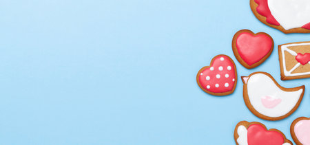 Valentines day greeting card with heart shaped gingerbread cookies over blue. Top view flat lay with copy spaceの写真素材