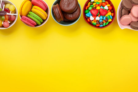 Various sweets assortment. Candy, bonbon and macaroons on yellow background. Top view flat lay with copy spaceの写真素材