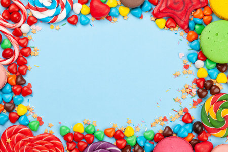 Various sweets assortment. Candy, bonbon and macaroons. Top view flat lay with copy spaceの写真素材