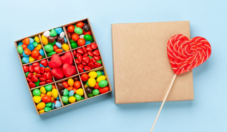 Various candy sweets and heart shaped lollipop. Valentines day gift box. Top view flat lay with copy...